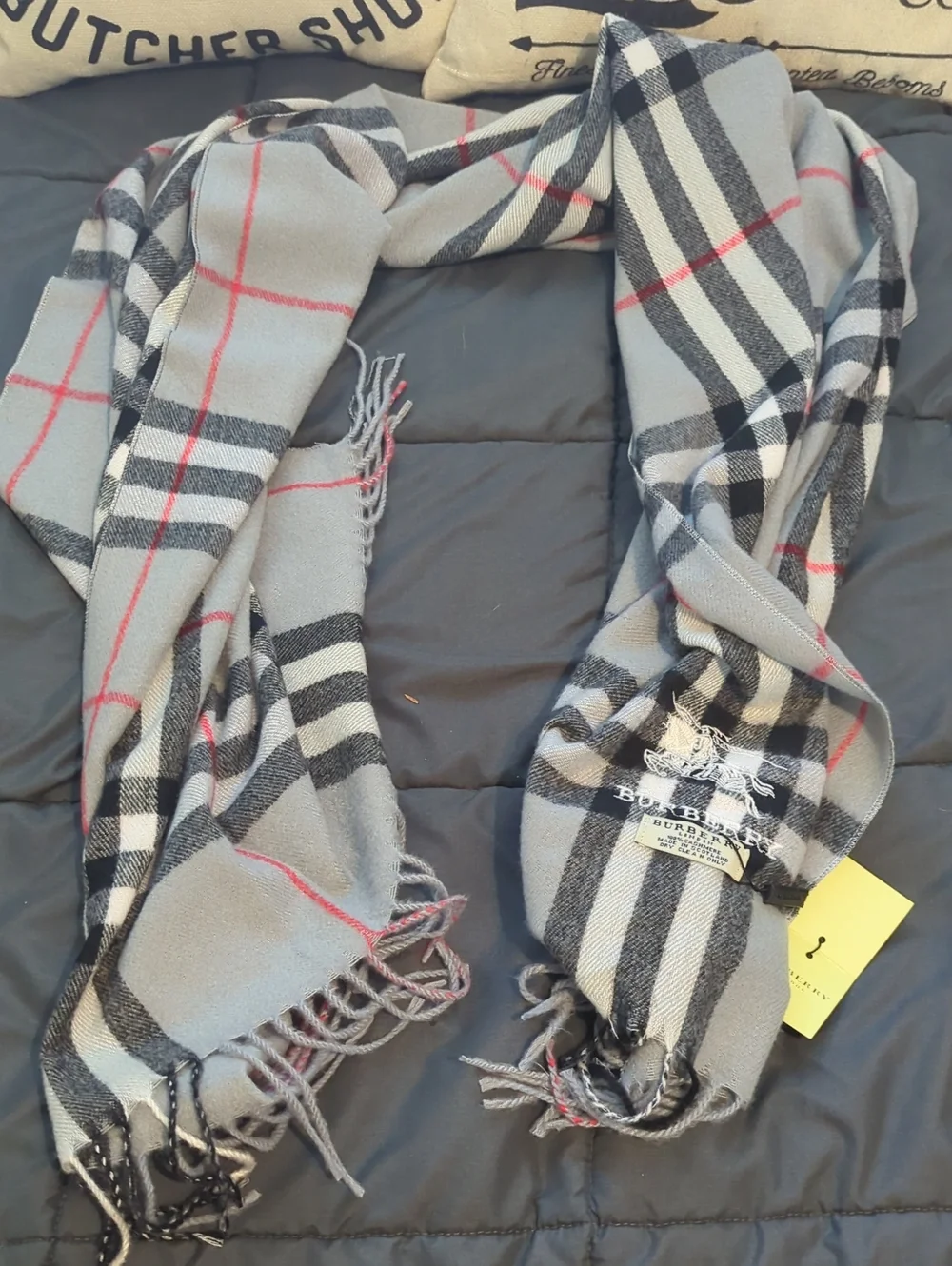 Authentic Burberry Gray Nova Check Fringe Cashmere Long Scarf Made In Scotland